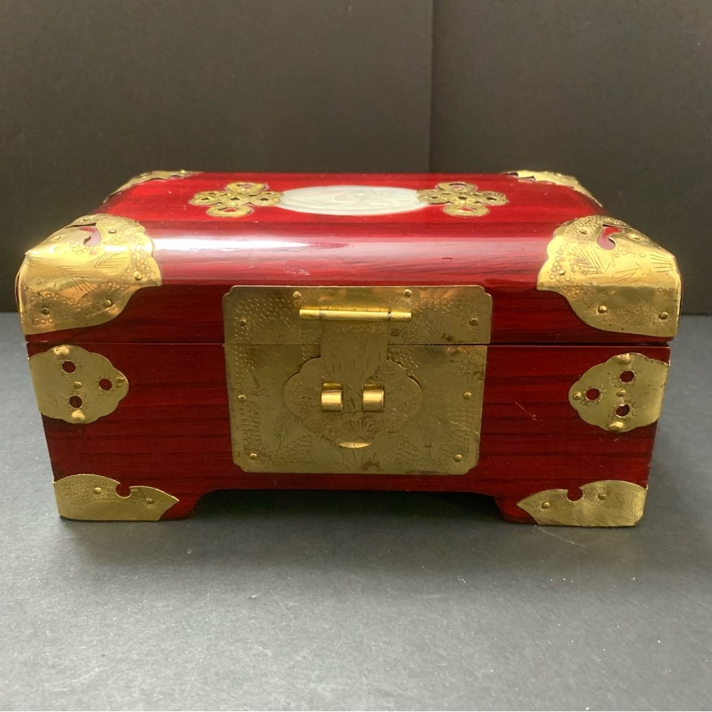 Vintage Chinese Asian Redwood Brass & Jade inlay Jewelry Box